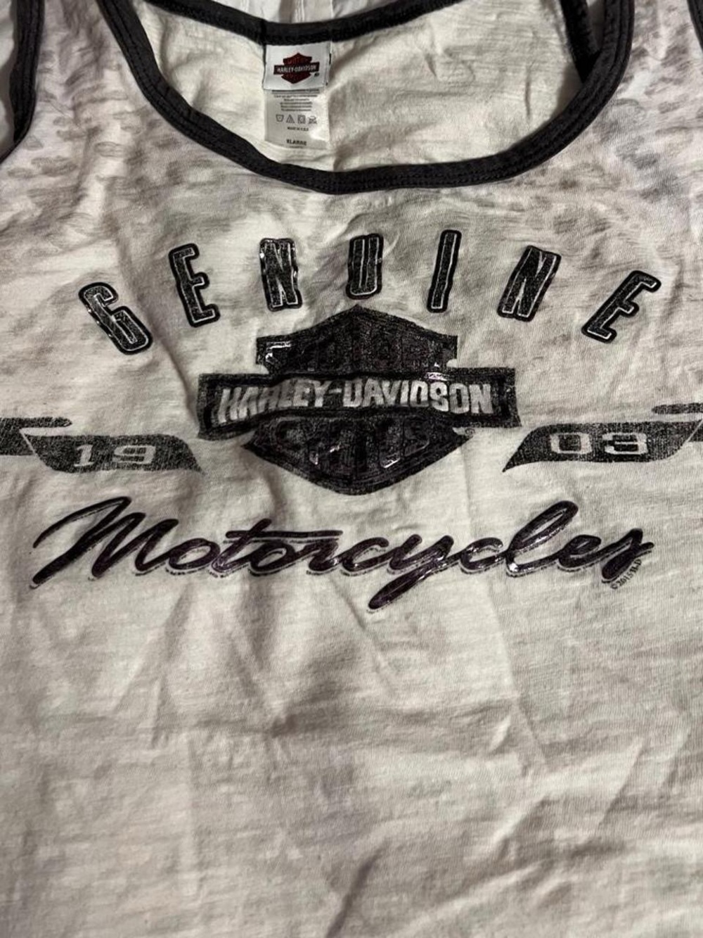 Harley-Davidson White and Black Tank Top with 'Genuine Motorcycles' Graphic